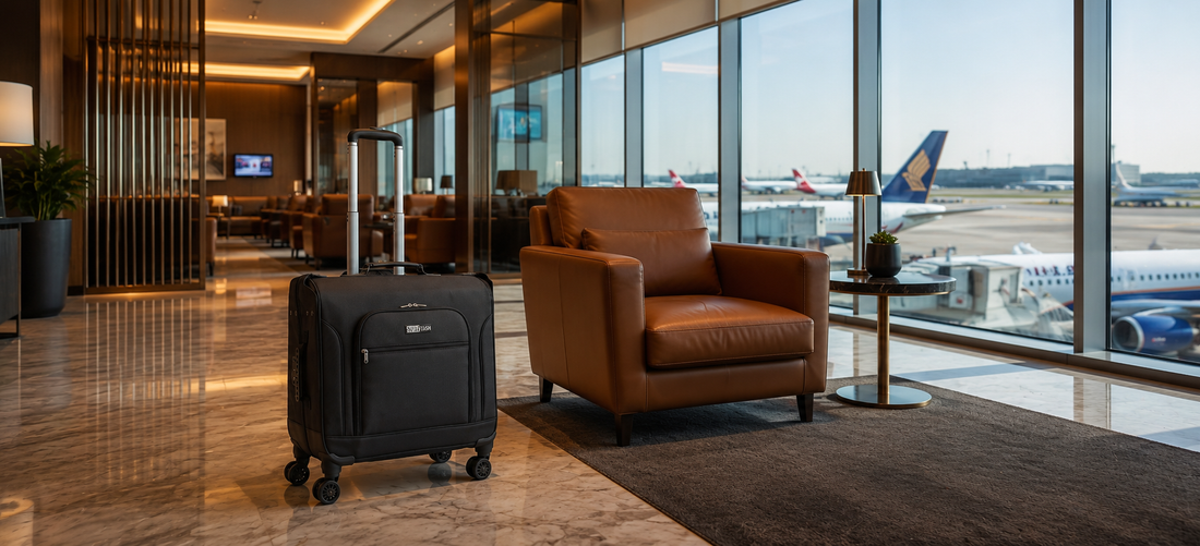 STUFFSTASH Rolling Garment Bag positioned inside a modern airport business class lounge with premium seating, floor-to-ceiling windows overlooking aircraft, and a luxurious business travel atmosphere.