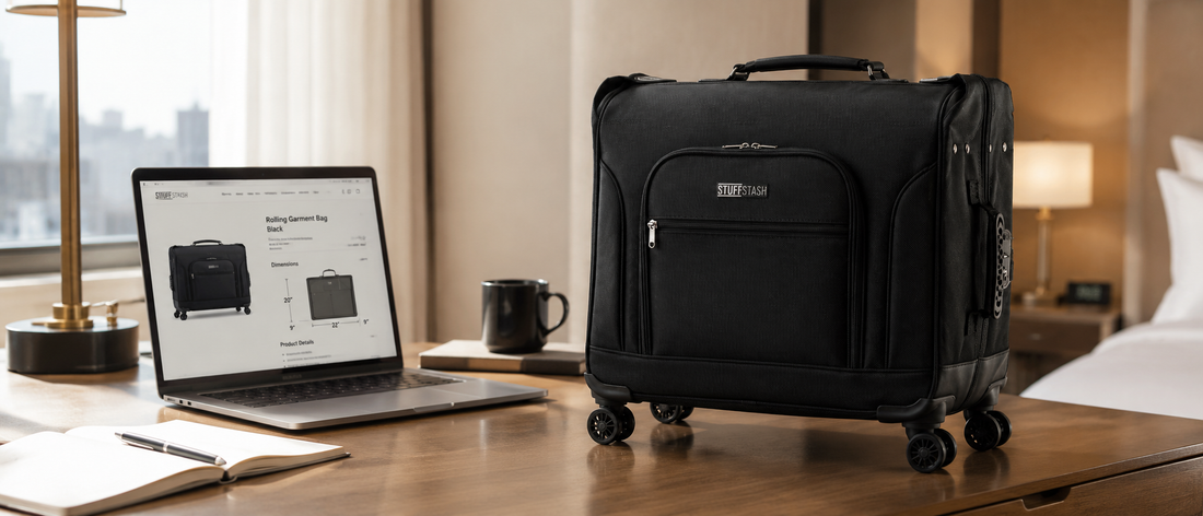 Premium rolling garment bag beside a laptop displaying luggage dimensions in a modern hotel workspace.