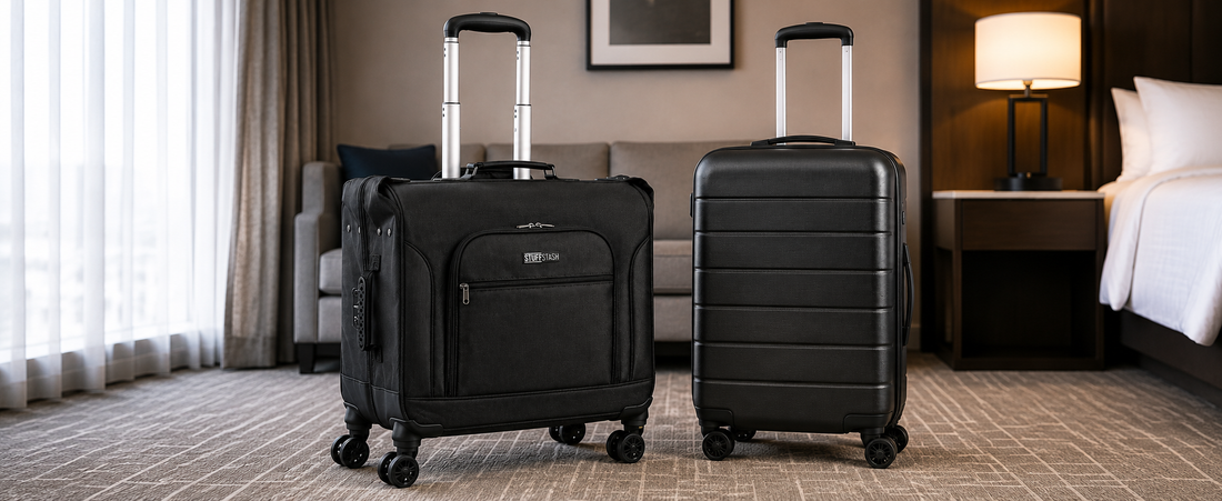 STUFFSTASH rolling garment bag beside a standard carry-on suitcase comparing luggage options for business travel.