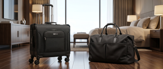 STUFFSTASH rolling garment bag beside a premium duffel bag comparing luggage options for business and leisure travel.