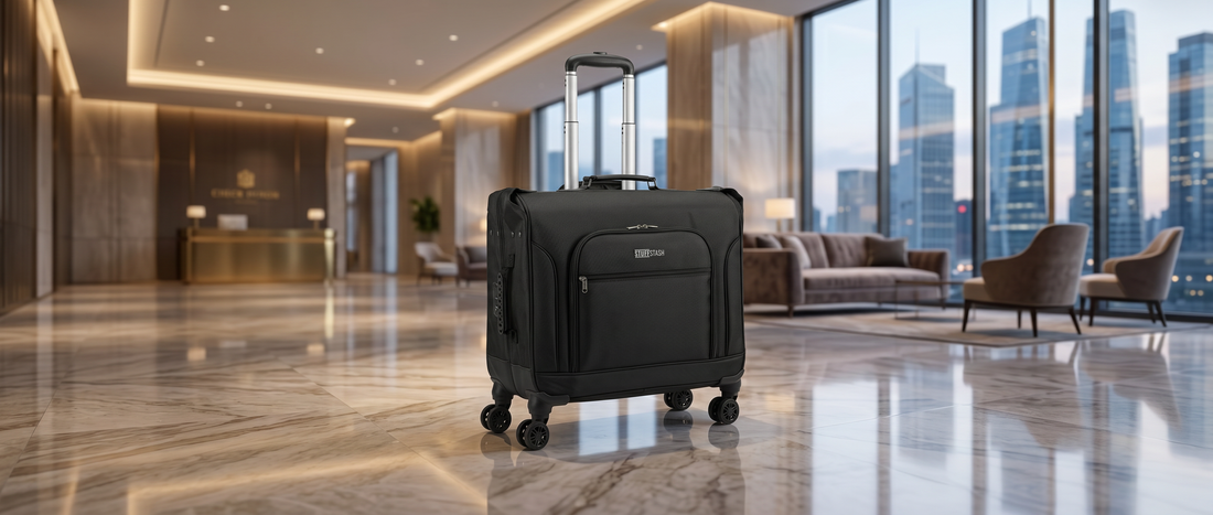 Premium rolling garment bag for business travel standing in a luxury hotel lobby