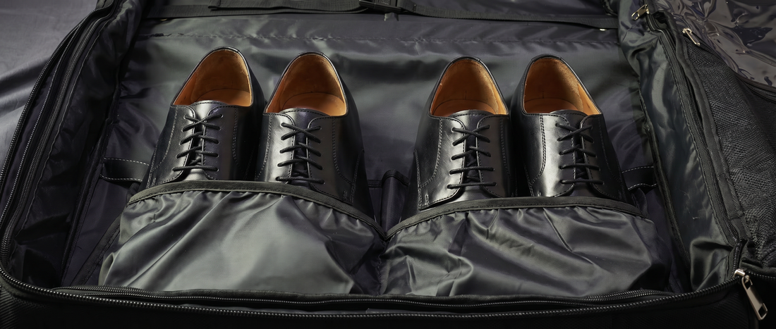 Close up of shoe section inside garment bag