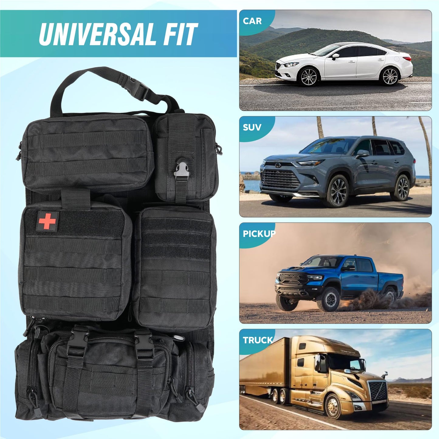 STUFFSTASH Tactical Seat Back Organizer — Universal Vehicle MOLLE Panel with 5 Detachable Pouches