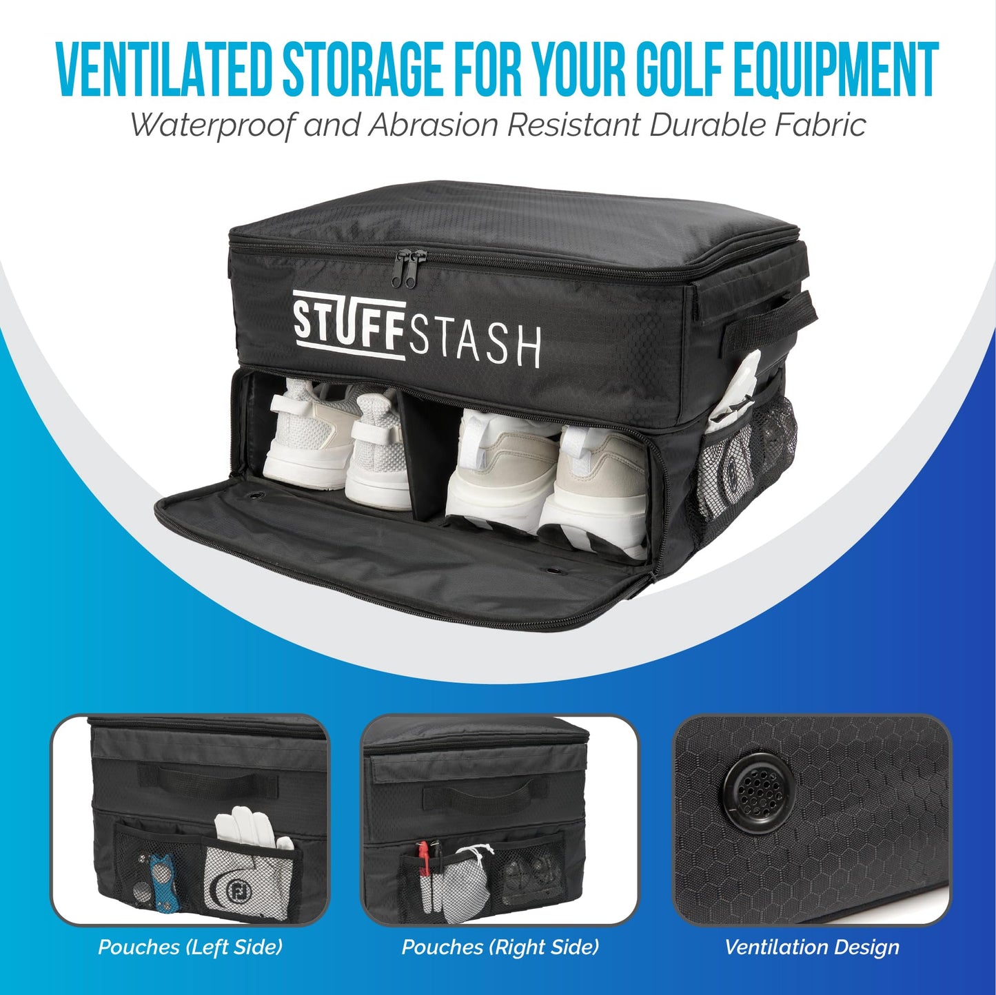 STUFFSTASH Golf Trunk Organizer — Rigid, Ventilated Shoe Compartment, Adjustable Dividers