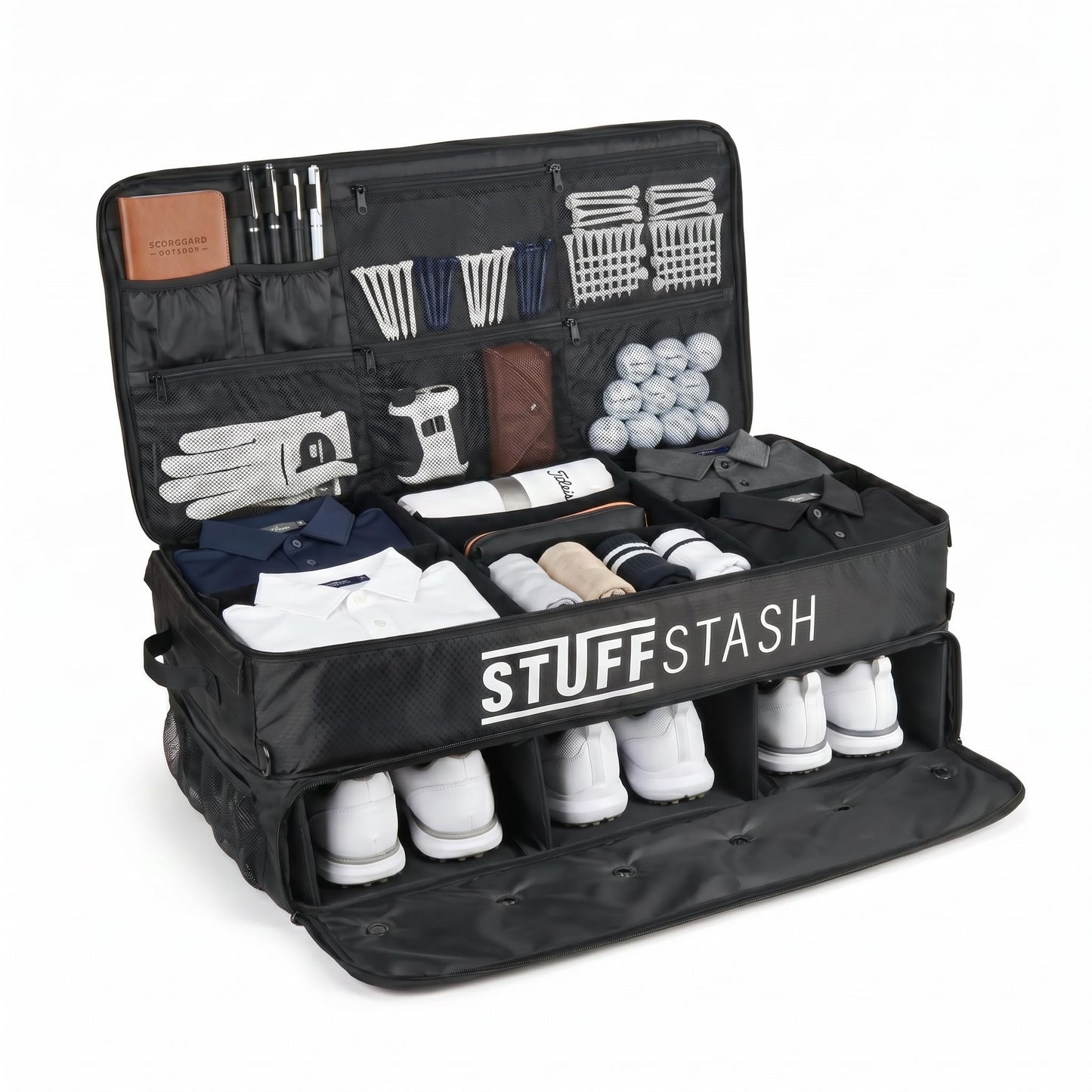 STUFFSTASH Golf Trunk Organizer – Extra Large Car & SUV Storage for Golf Gear (3 Pairs of Shoes, Ventilated Shoe Section, Reinforced Base, Dividers for Tees & Accessories)
