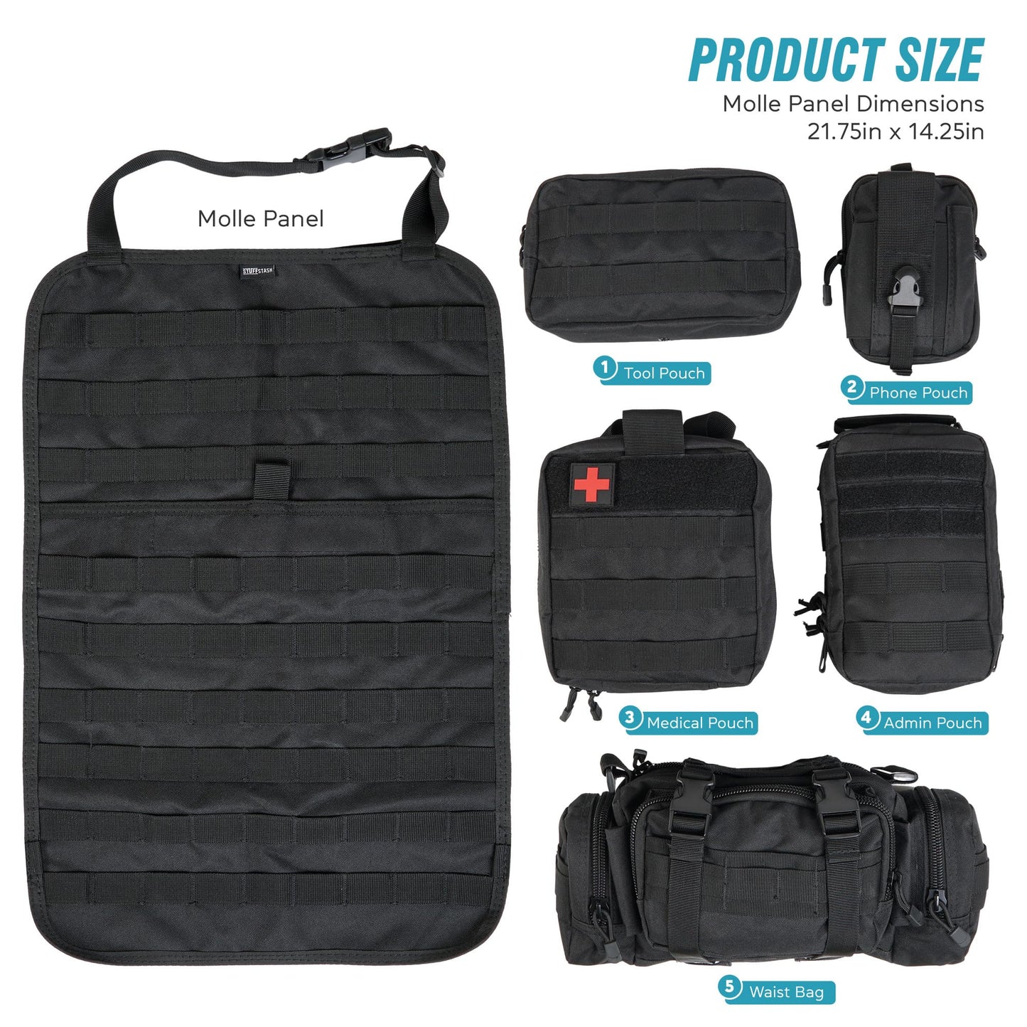 STUFFSTASH Tactical Seat Back Organizer — Universal Vehicle MOLLE Panel with 5 Detachable Pouches