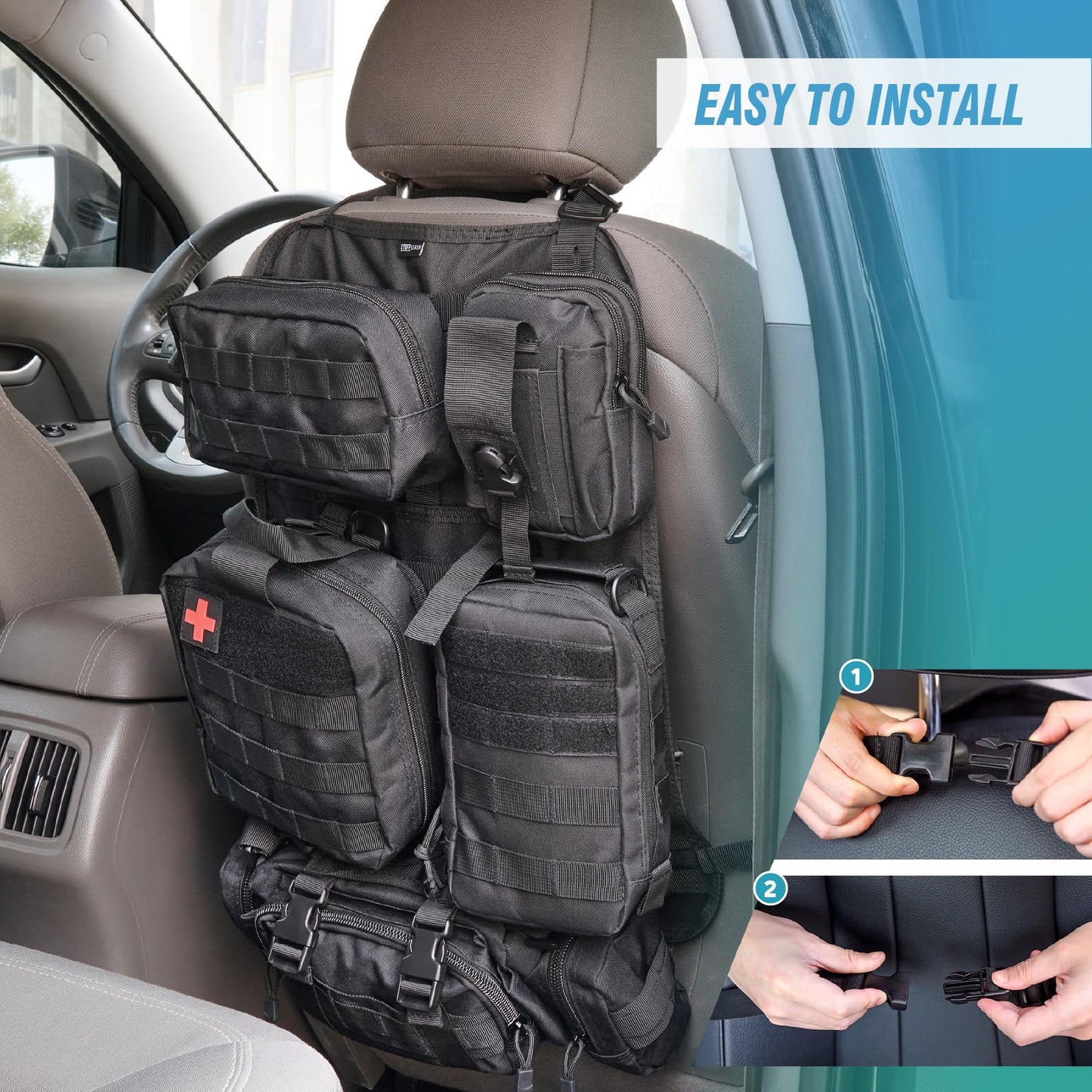 STUFFSTASH Tactical Seat Back Organizer — Universal Vehicle MOLLE Panel with 5 Detachable Pouches
